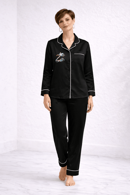 Zenith Majestic Black Hand-Painted Cotton Satin Boardroom-to-Bed Co-ord Set