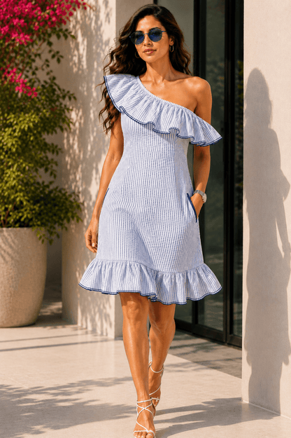 Scala One-Shoulder Cotton blended  Blue Stripe  Seersucker Dress