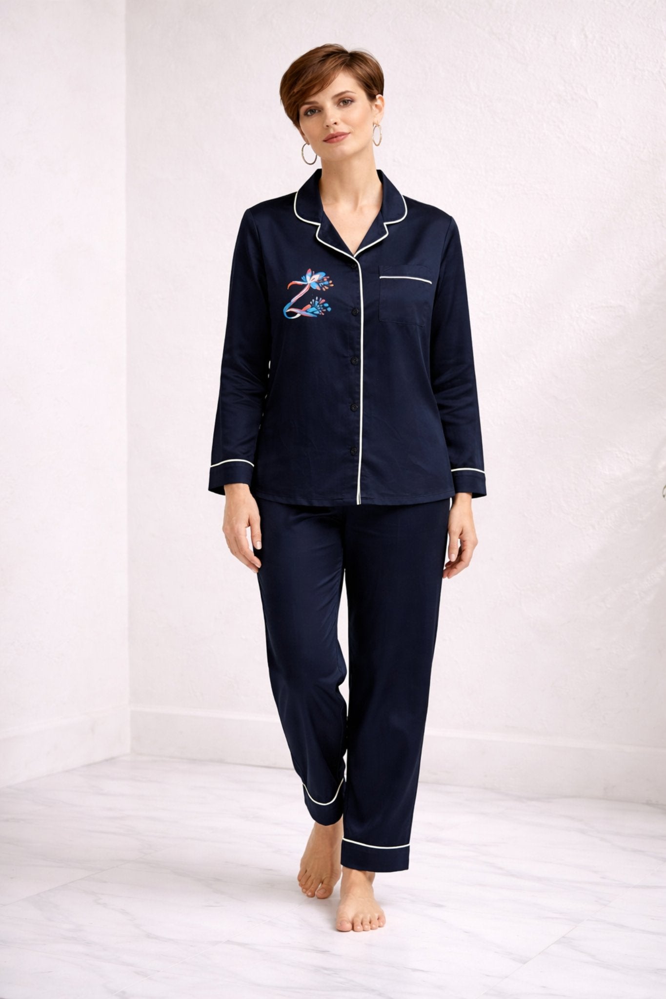 Zenith Navy Blue Hand-Painted Cotton Satin Boardroom-to-Bed Co-ord Set