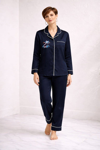 Zenith Navy Blue Hand-Painted Cotton Satin Boardroom-to-Bed Co-ord Set