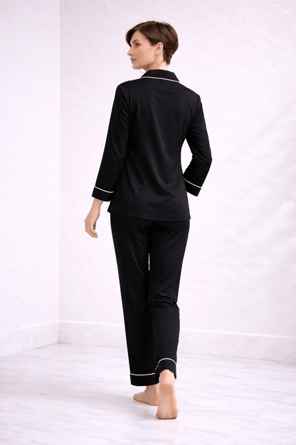 Zenith Majestic Black Hand-Painted Cotton Satin Boardroom-to-Bed Co-ord Set