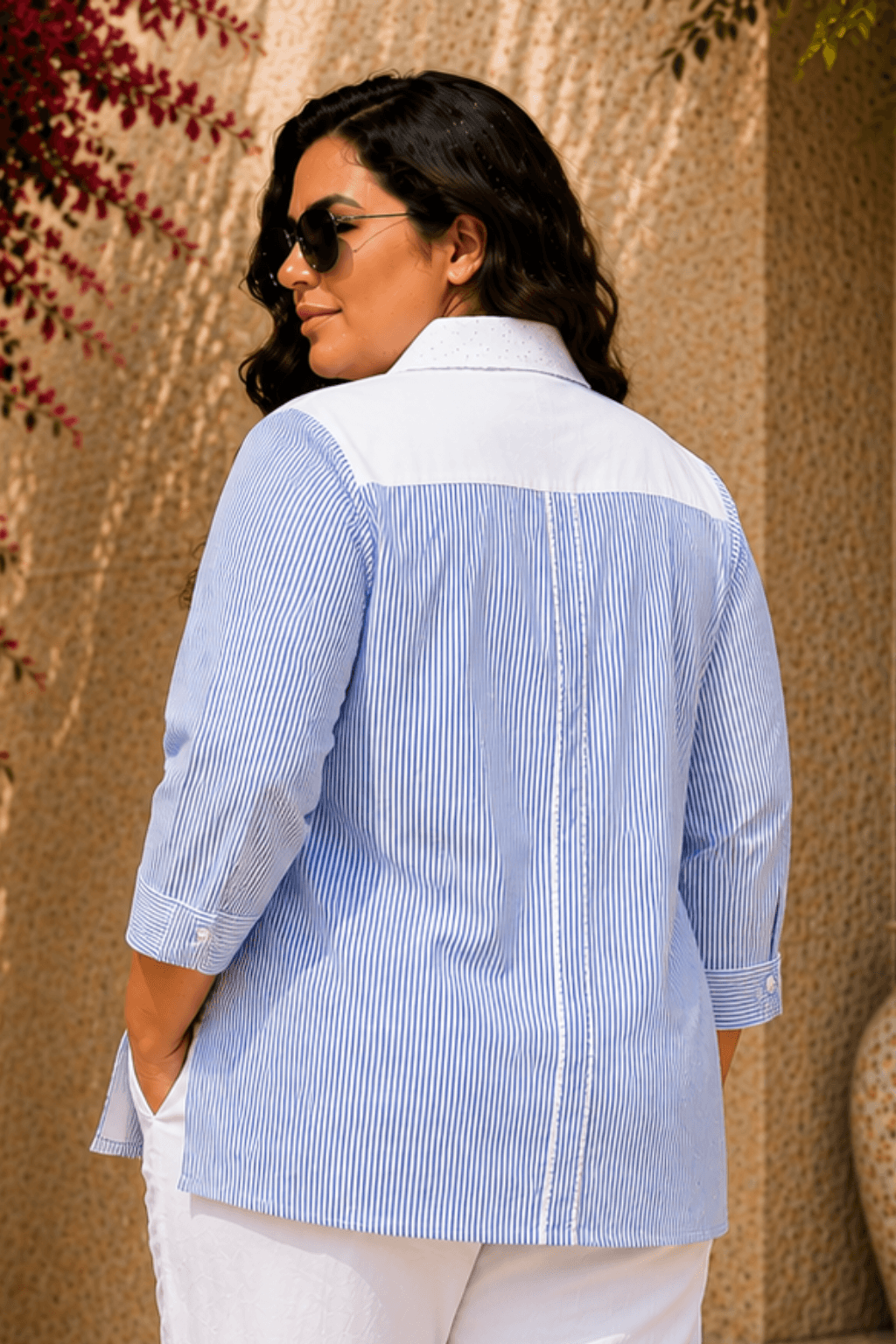 Tisca Curve Cotton Blue Stripe Seersucker Floral Appliqué Shirt