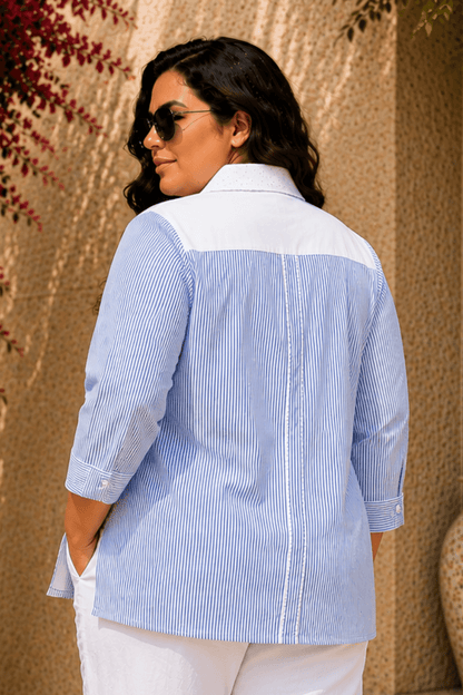 Tisca Curve Cotton Blue Stripe Seersucker Floral Appliqué Shirt