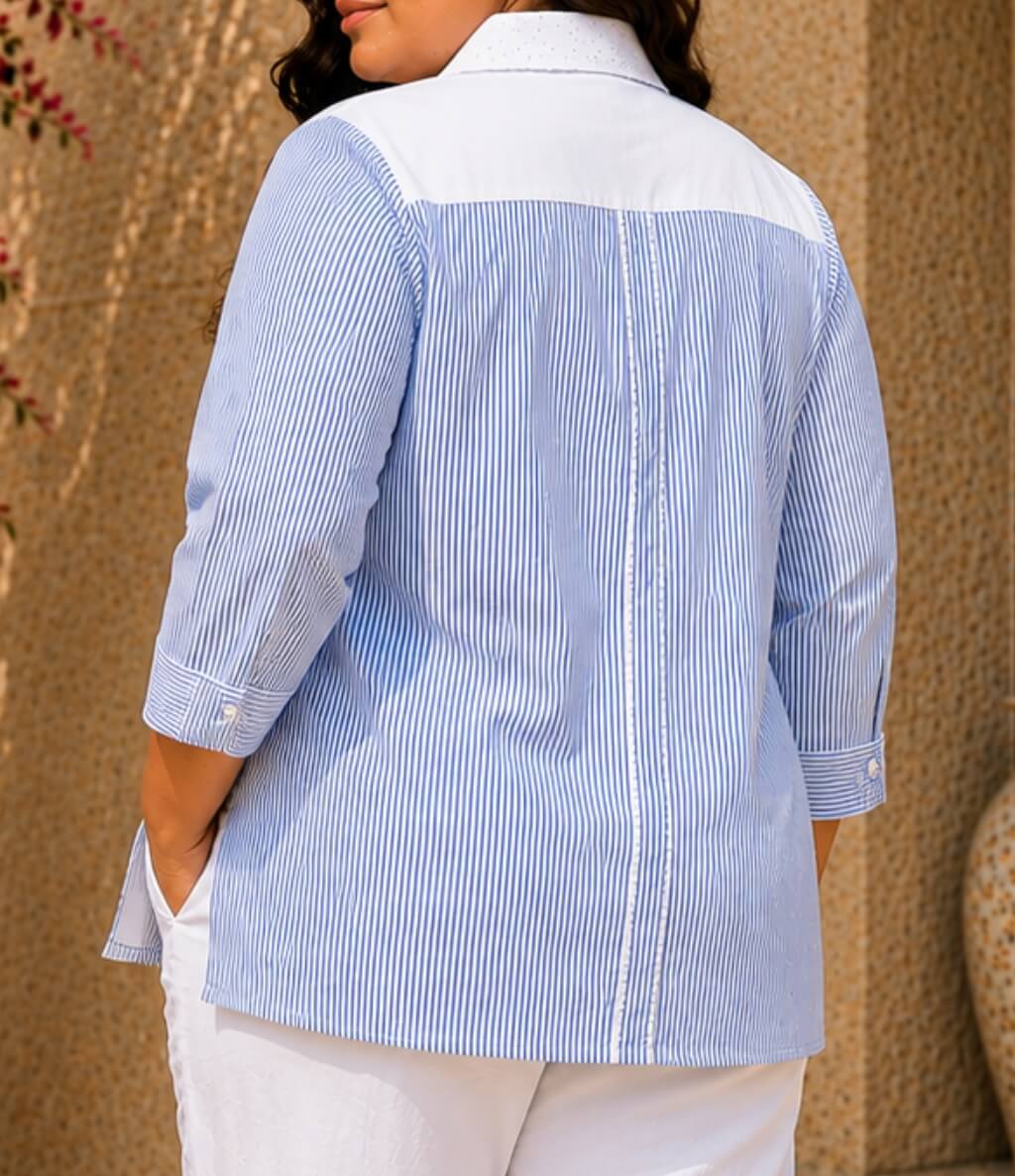Tisca Curve Seersucker Shirt with Riviera Curve White Wide Leg Pants Co-ord Set