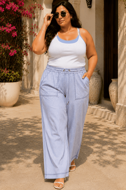 Riviera Curve Cotton Blend Blue Stripe Seersucker Wide-Leg Pajama Pants