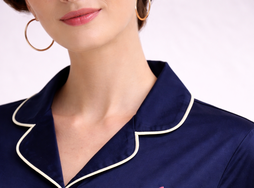 Zenith Navy Blue Hand-Painted Cotton Satin Boardroom-to-Bed Co-ord Set