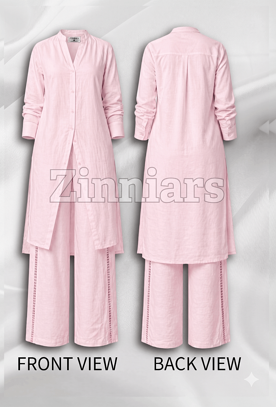 Shukrana Light Pink Relaxed-Fit Cotton Linen Ensemble with Lace inserts for Women