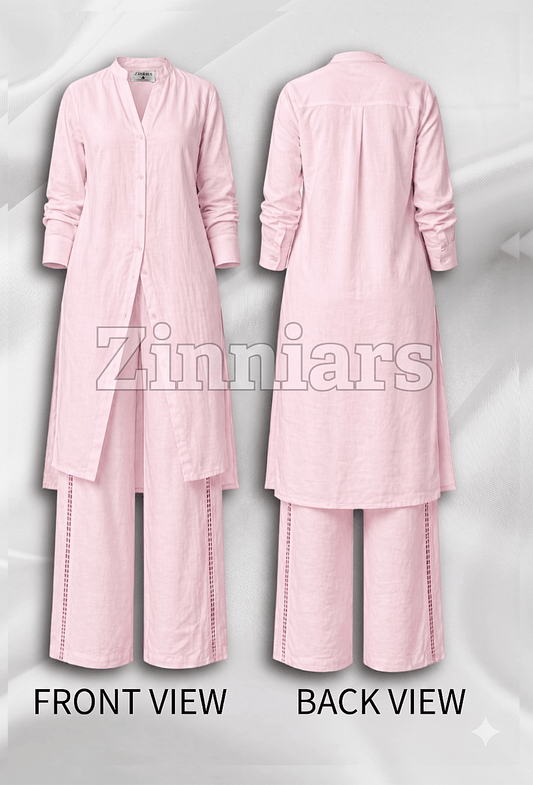 Shukrana Light Pink Relaxed-Fit Cotton Linen Ensemble with Lace inserts for Women