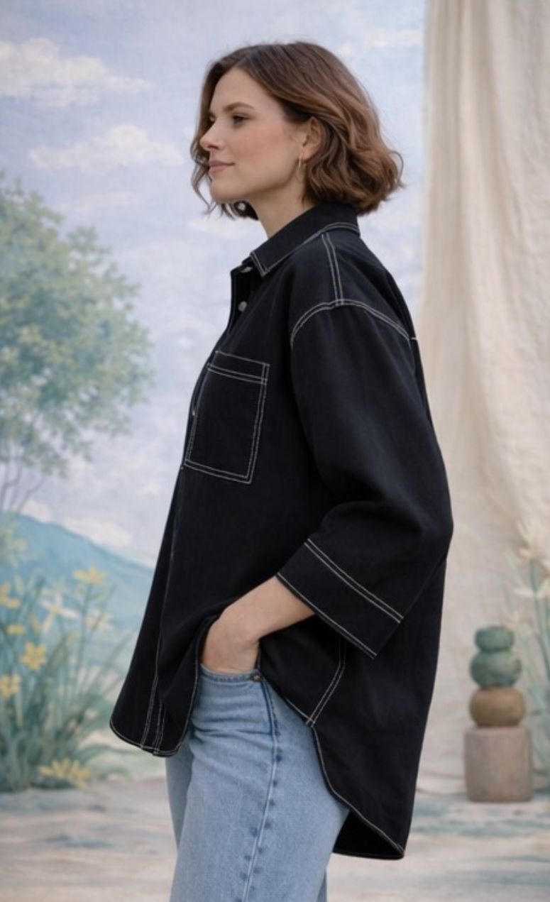 Meera | Black Cotton Twill Intentionally Relaxed Shirt for Women