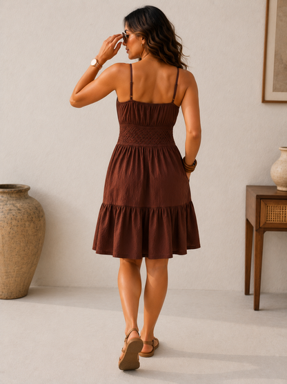 Sherry Brown Smocked Midi Dress in Rayon