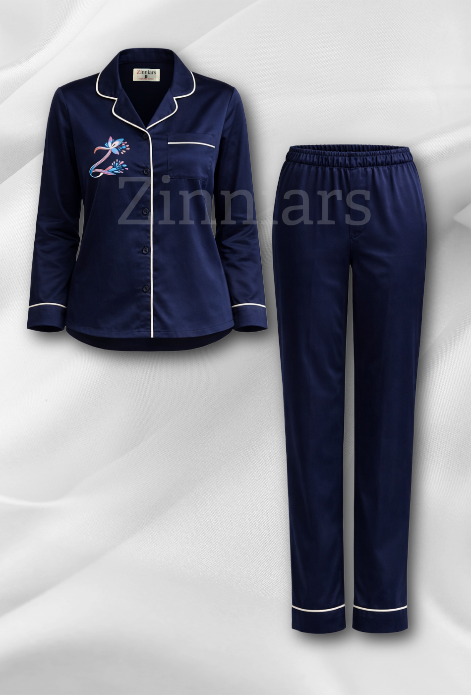 Zenith Navy Blue Hand-Painted Cotton Satin Boardroom-to-Bed Co-ord Set