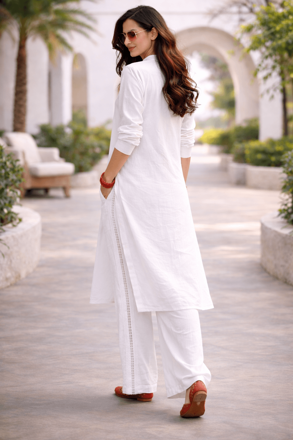 Shukrana White Relaxed-Fit Cotton Linen Ensemble with Lace inserts for Women