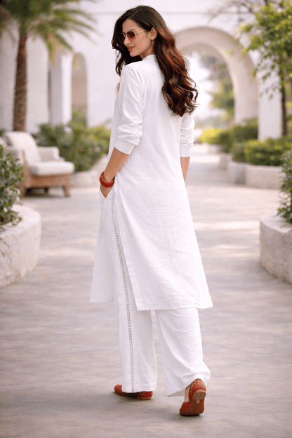 Shukrana White Relaxed-Fit Cotton Linen Ensemble with Lace inserts for Women