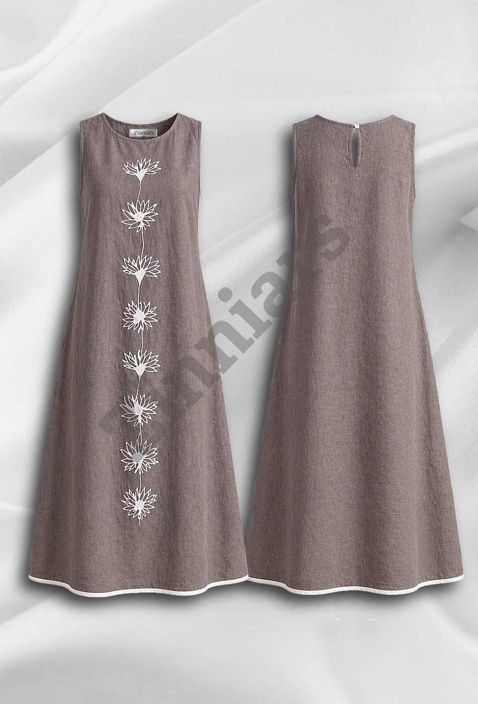 Naira Cotton Linen A-Line Midi Dress in Earthy Grey with Hand Embroidered Motifs