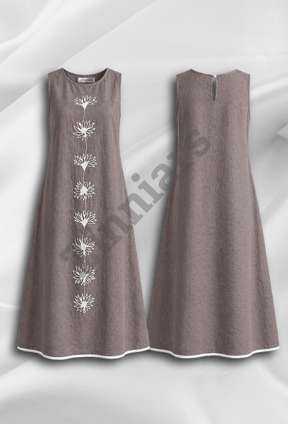 Naira Cotton Linen A-Line Midi Dress in Earthy Grey with Hand Embroidered Motifs