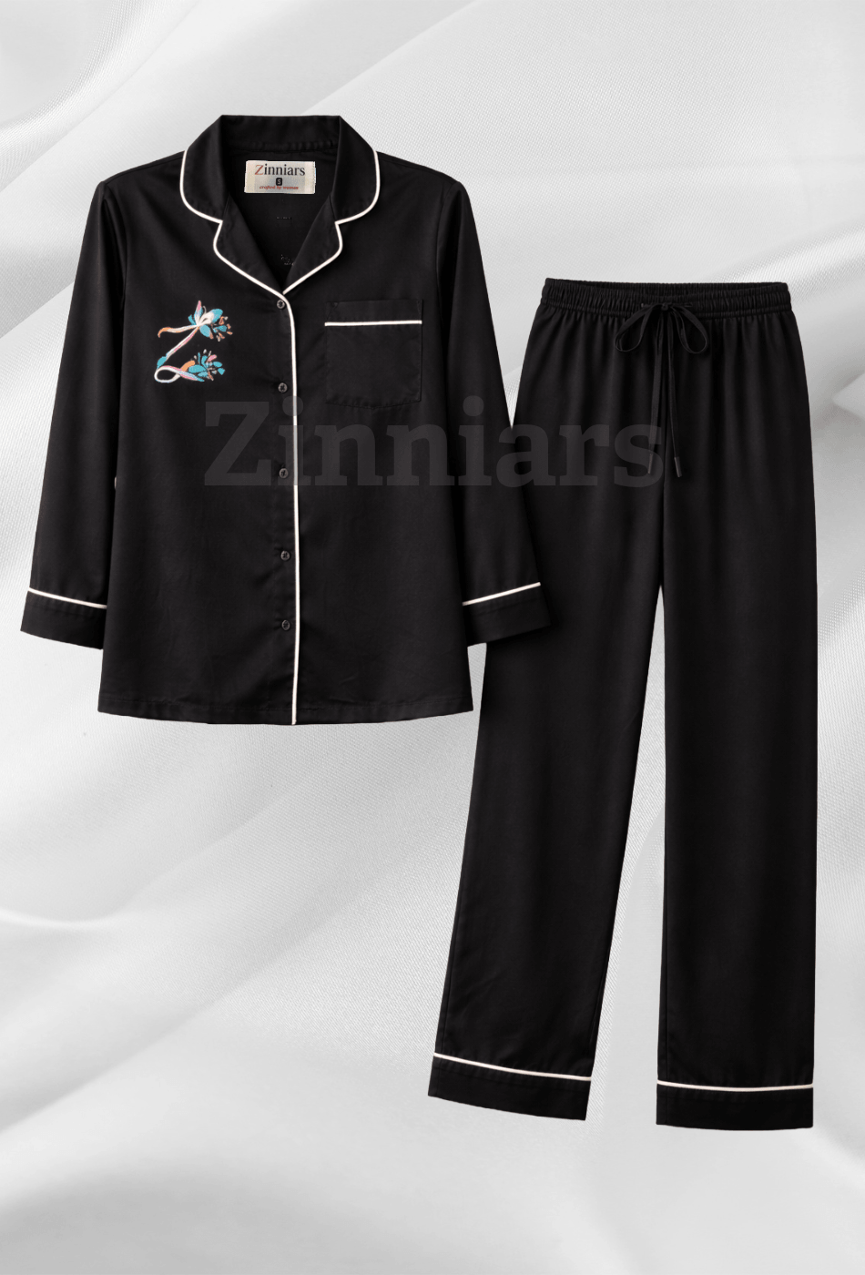 Zenith Majestic Black Hand-Painted Cotton Satin Boardroom-to-Bed Co-ord Set