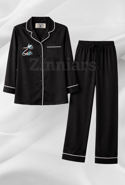 Zenith Majestic Black Hand-Painted Cotton Satin Boardroom-to-Bed Co-ord Set