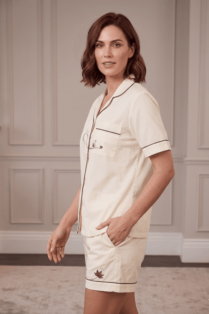Mehar Love Cotton Satin Co-ord Set – Hand-Painted Shirt & Shorts in Ivory