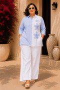 Tisca Curve Seersucker Shirt with Riviera Curve White Wide Leg Pants Co-ord Set