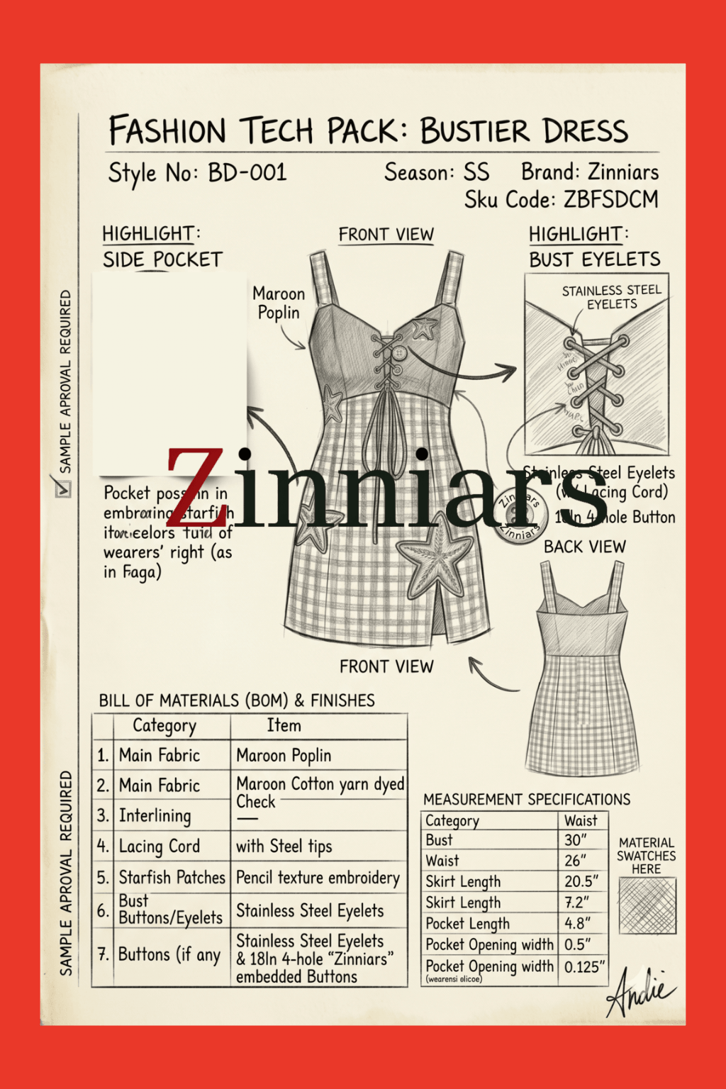 Elina Coastal Starfish Applique Bustier Short Dress – Maroon Cotton Checks
