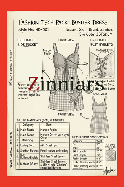 Elina Coastal Starfish Applique Bustier Short Dress – Maroon Cotton Checks