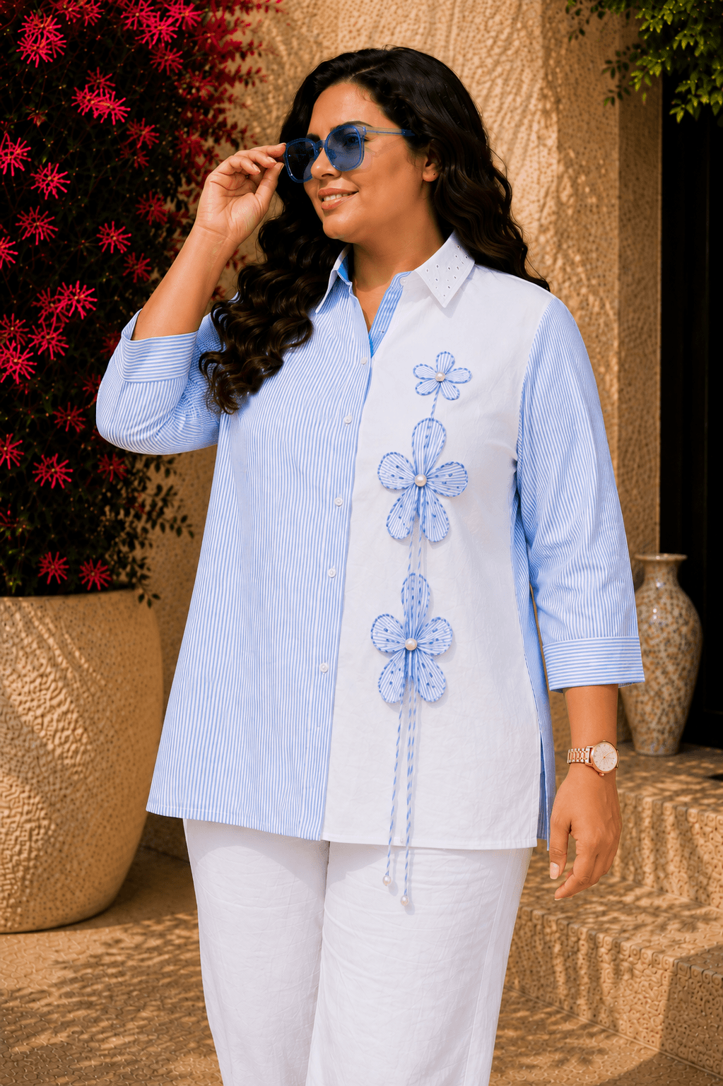 Tisca Curve Cotton Blue Stripe Seersucker Floral Appliqué Shirt