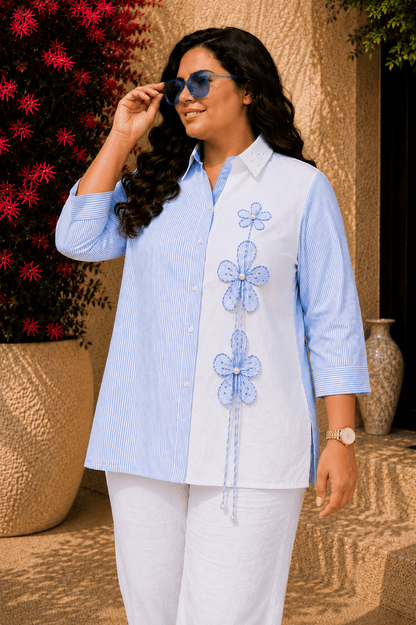 Tisca Curve Cotton Blue Stripe Seersucker Floral Appliqué Shirt
