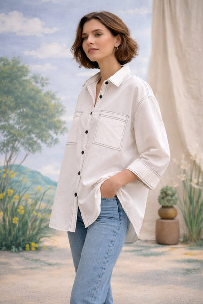 Meera | Ivory Cotton Twill Intentionally Relaxed Shirt for Women