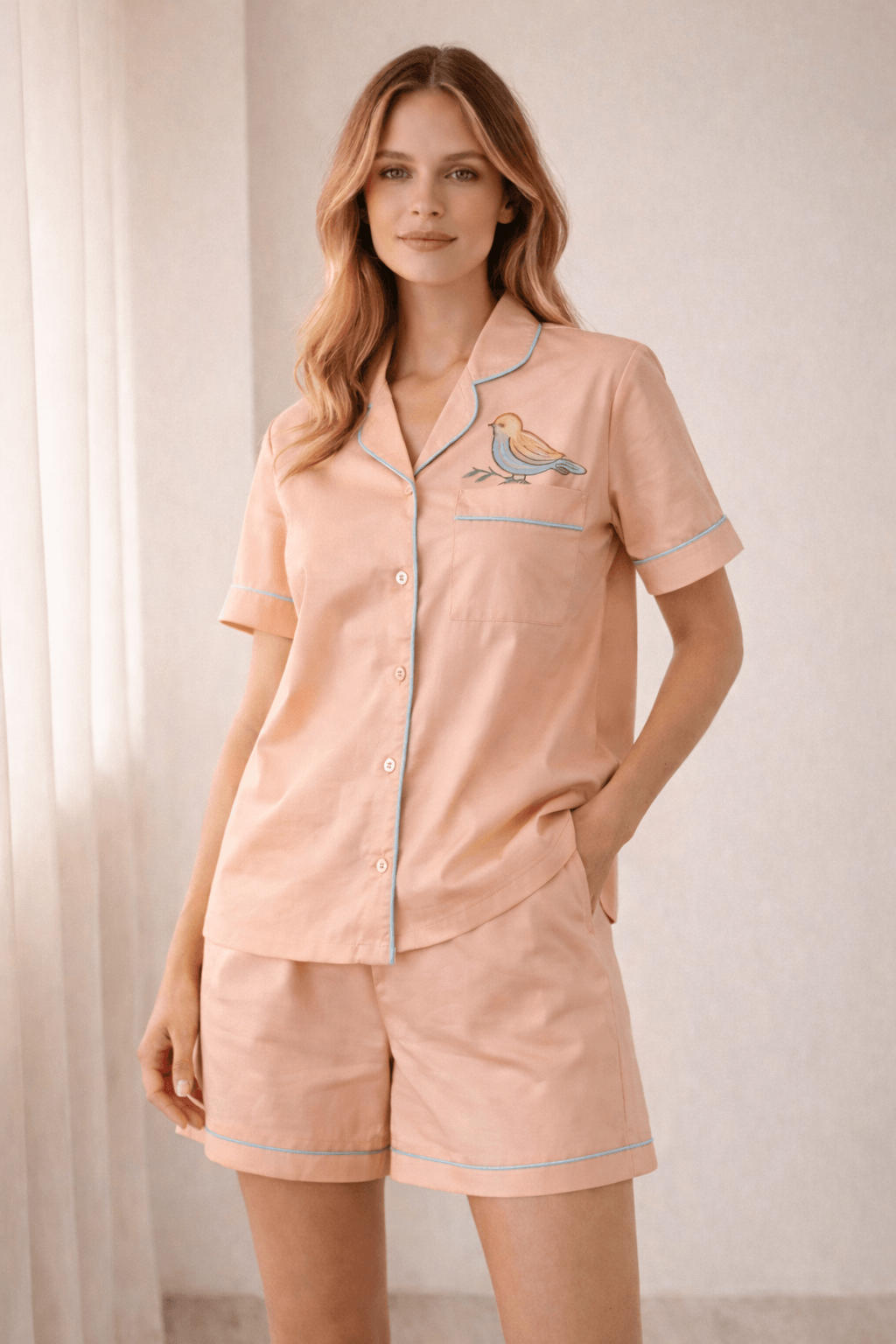 Mehar Birdie | Cotton Satin Co-ord Set – Hand-Painted Sparrow Shirt & Shorts in Peach