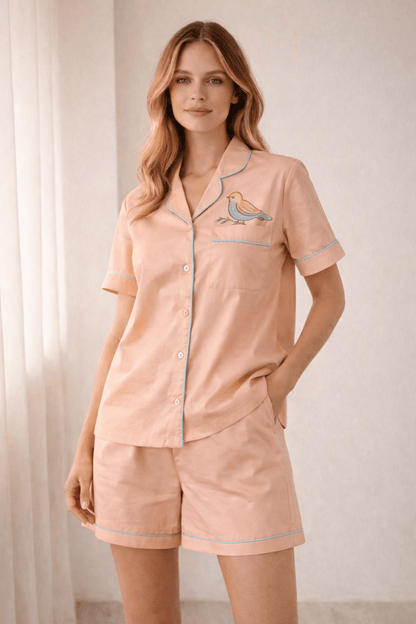 Mehar Birdie | Cotton Satin Co-ord Set – Hand-Painted Sparrow Shirt & Shorts in Peach