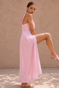 Lola Gingham Deep-V Ruffled Maxi Resort Dress – Soft Pink