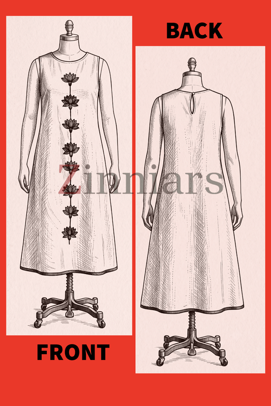 Naira  Cotton Linen A-Line Midi Dress in Warm Beige with Hand Embroidered Motifs