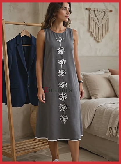 Naira Cotton Linen A-Line Midi Dress in Earthy Grey with Hand Embroidered Motifs