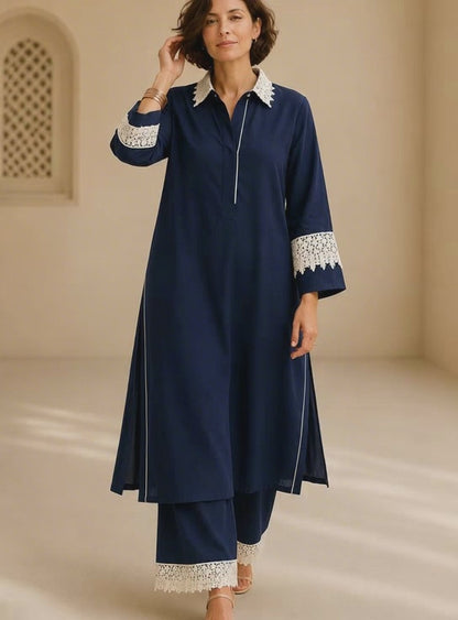 Bubby Women's Navy Cotton Viscose Indo World Ensemble with Designer Ivory Lace
