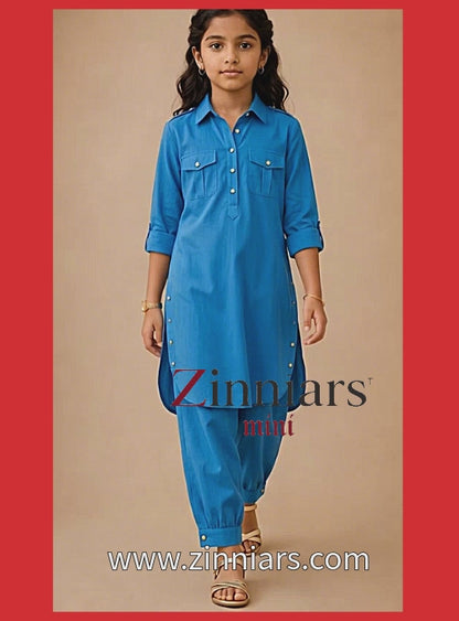 Renu Mini  Cobalt Blue Cotton Viscose Kurta & Dhoti Pant Co-ord Set for Girls