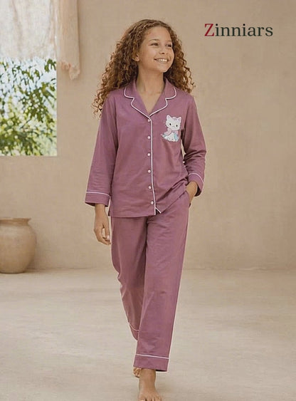 Karishma Mini Girl's Cotton Kitty Lounge Set – Dusty Mauve