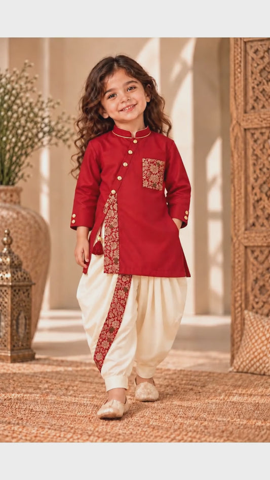 Zinniars Mini Rumi Red & Gold Kurta Dhoti Set Unisex Kids’ Festive Wear (2–6 Years)