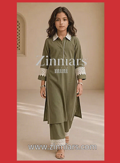 Bubby Mini Olive Green Cotton Viscose Lace-Detail Kurta & Palazzo Co-ord Set for Girls