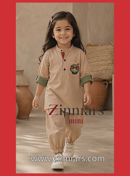 Turtle Rich Beige Contrast Roll-Sleeve Tunic Bottom Set Zinniars Mini Unisex Girls