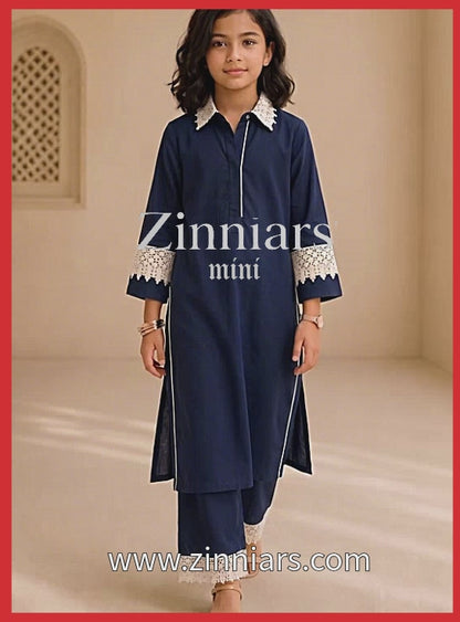 Bubby Mini Navy Blue Cotton Viscose Lace-Detail Kurta & Palazzo Co-ord Set for Girls