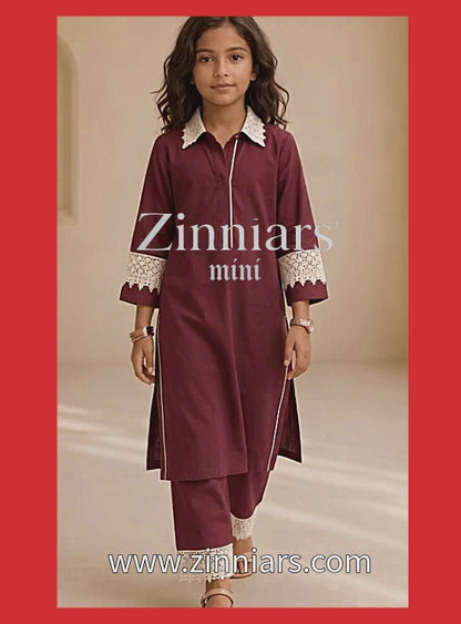 Bubby Mini Maroon Cotton Viscose Lace-Detail Kurta & Palazzo Co-ord Set for Girls