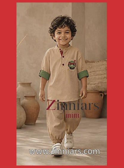 Turtle Rich Beige Contrast Roll-Sleeve Tunic Bottom Set Zinniars Mini Unisex Boys