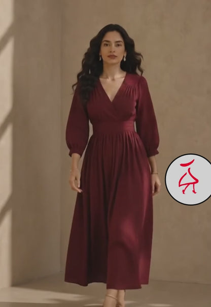Navdha - Women's Maroon Flared Cotton Viscose Midi Dress with Side Pocket