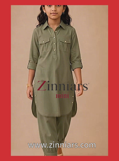 Renu Mini  Olive Green Cotton Viscose Kurta & Dhoti Pant Co-ord Set for Girls