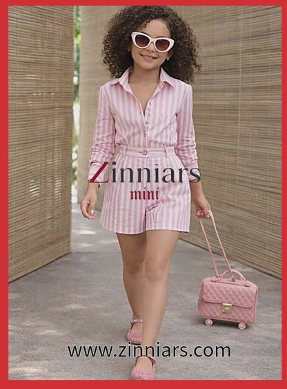 Zuri Mini Girls' Pink & White Striped Relaxed-Fit Shirt & Shorts Set
