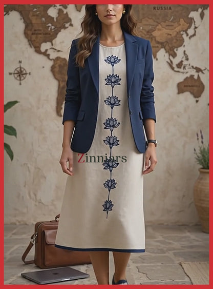 Naira  Cotton Linen A-Line Midi Dress in Warm Beige with Hand Embroidered Motifs