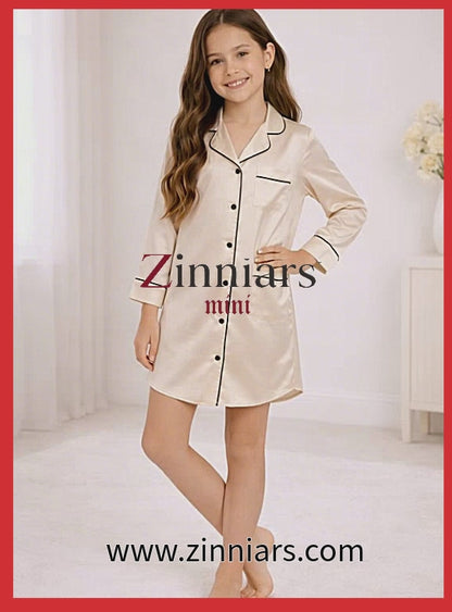 Martha Mini  Pearl Ivory Cotton Modal Satin Boyfriend Shirt Dress for Girls