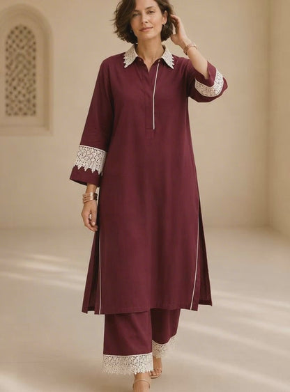Bubby Women's Maroon Cotton Viscose Indo World Ensemble with Designer Ivory Lace